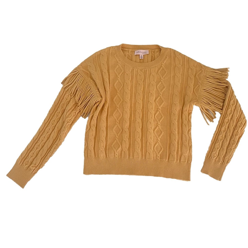 PHILOSOPHY S Camel Tan Fringe Sleeve Tassel Soft Cozy Cable Sweater Western NWOT